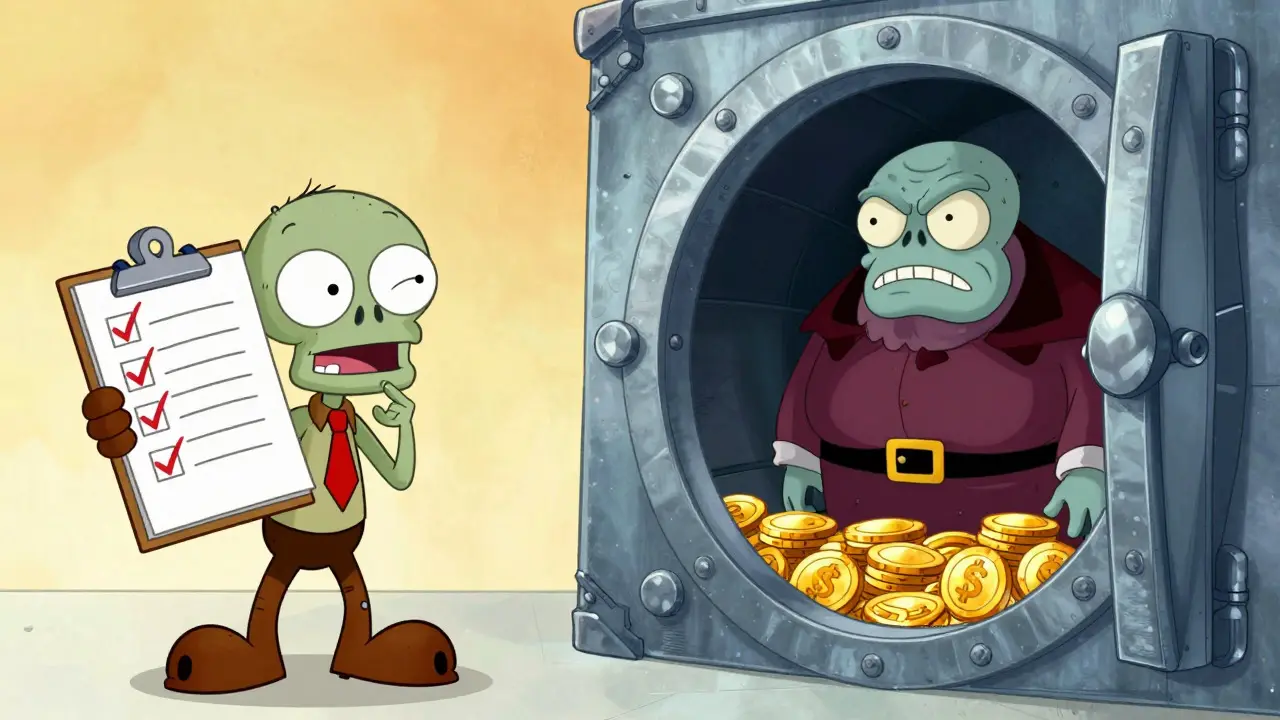 Split view of a zombie checking tasks versus another guarding a vault of coins