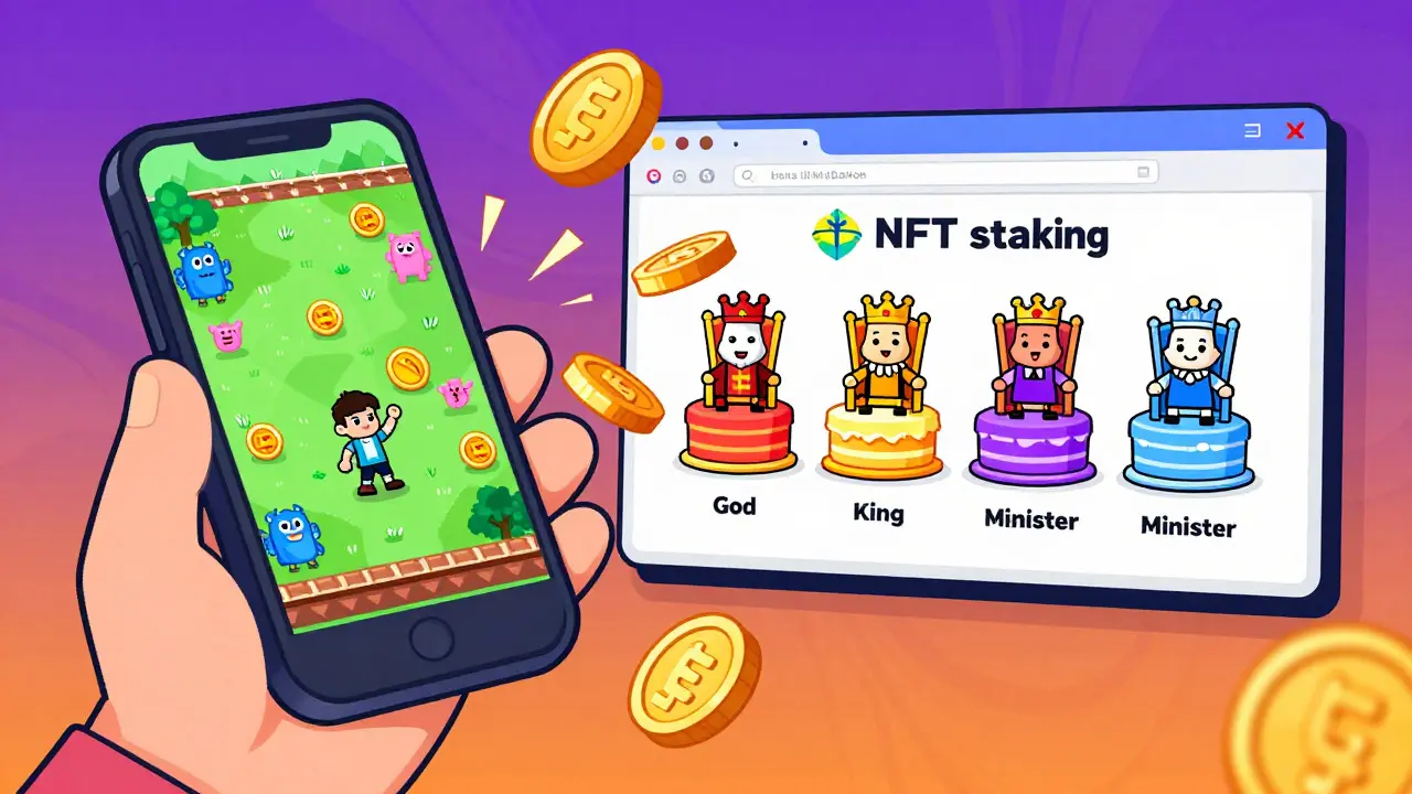 Split view of mobile P2E game and NFT staking tiers in cartoon style