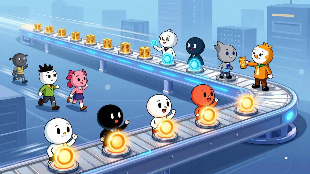 Stylized cartoon of users voting in a fast blockchain network