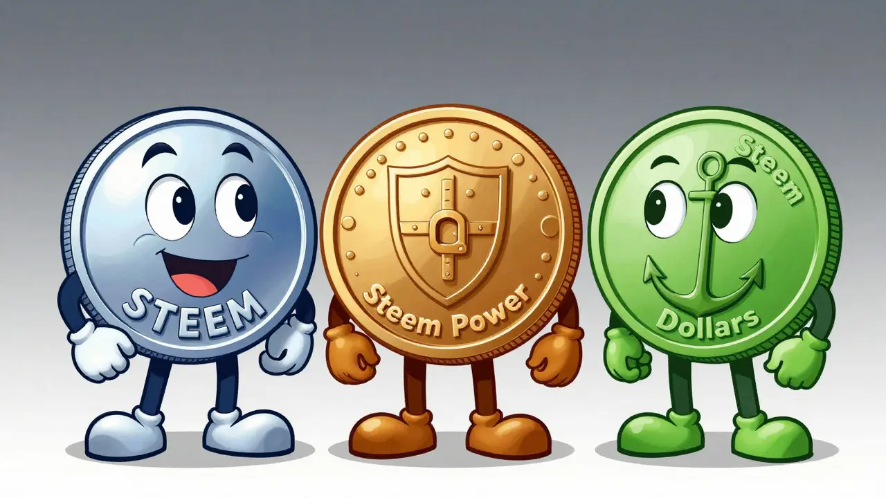 Three animated coin characters representing STEEM, SP, and SBD