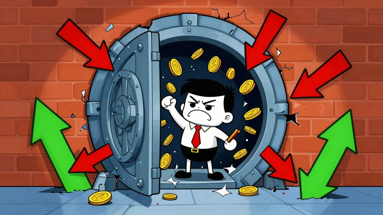 Trader losing coins through a crumbling vault in animated style