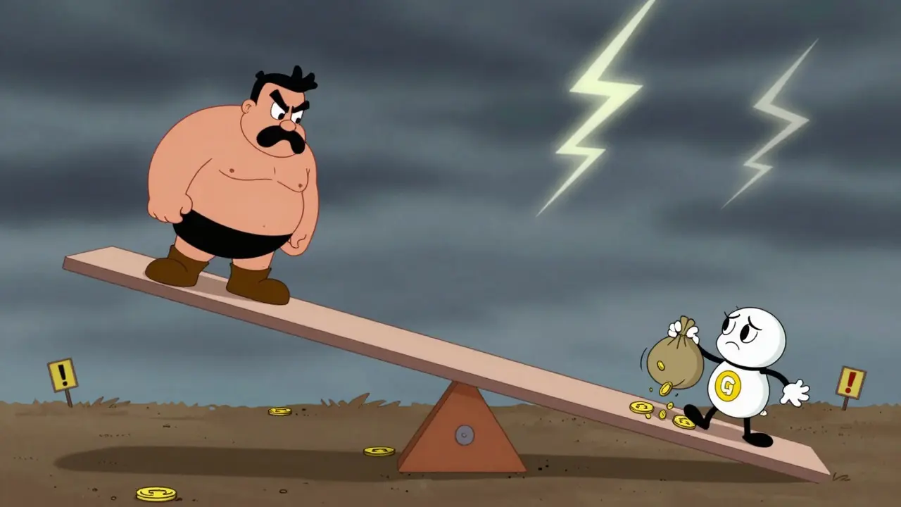 Unstable seesaw balancing a strong character against a wobbly micro-cap figure