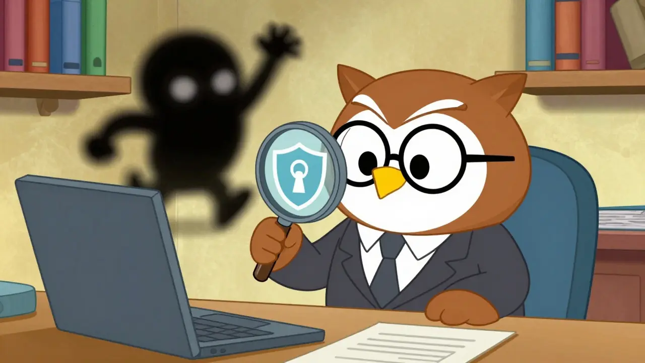 Wise owl inspecting security shield against crypto scams