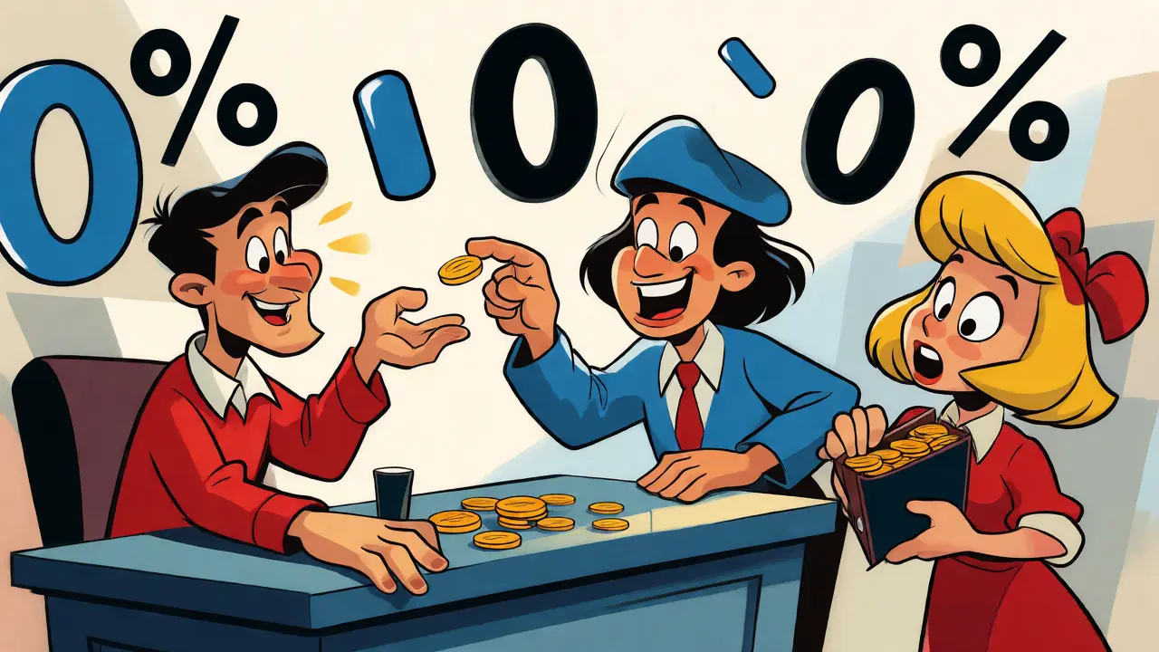 Animated characters celebrating zero maker fees with floating zeros.