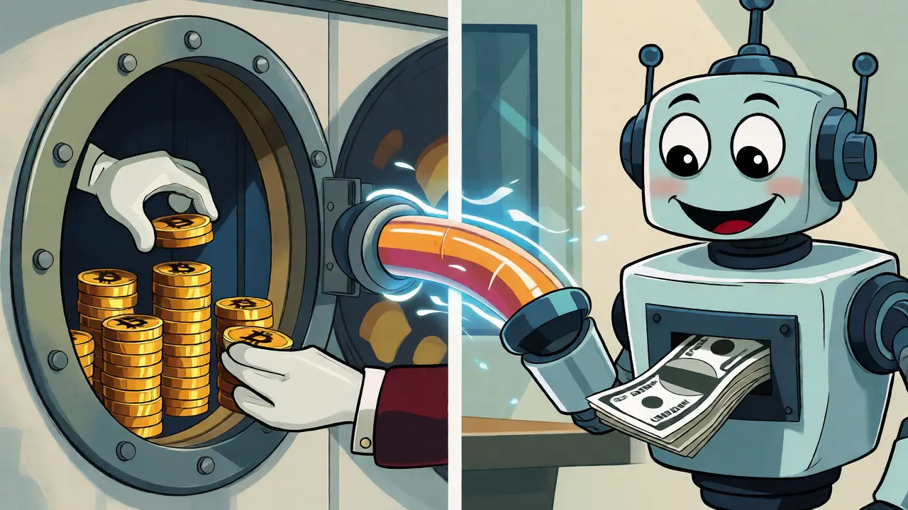 Animated robot dispensing cash from a vault filled with gold Bitcoin coins.