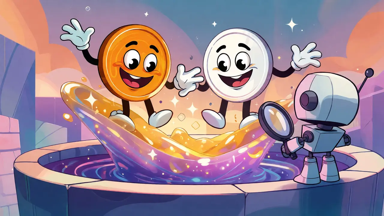 Anthropomorphic crypto coins jumping into a magical liquidity pool.