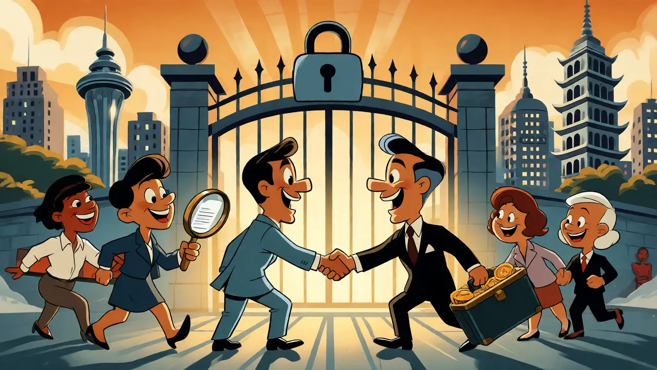Businesses complying with regulations at a stylized registration gate