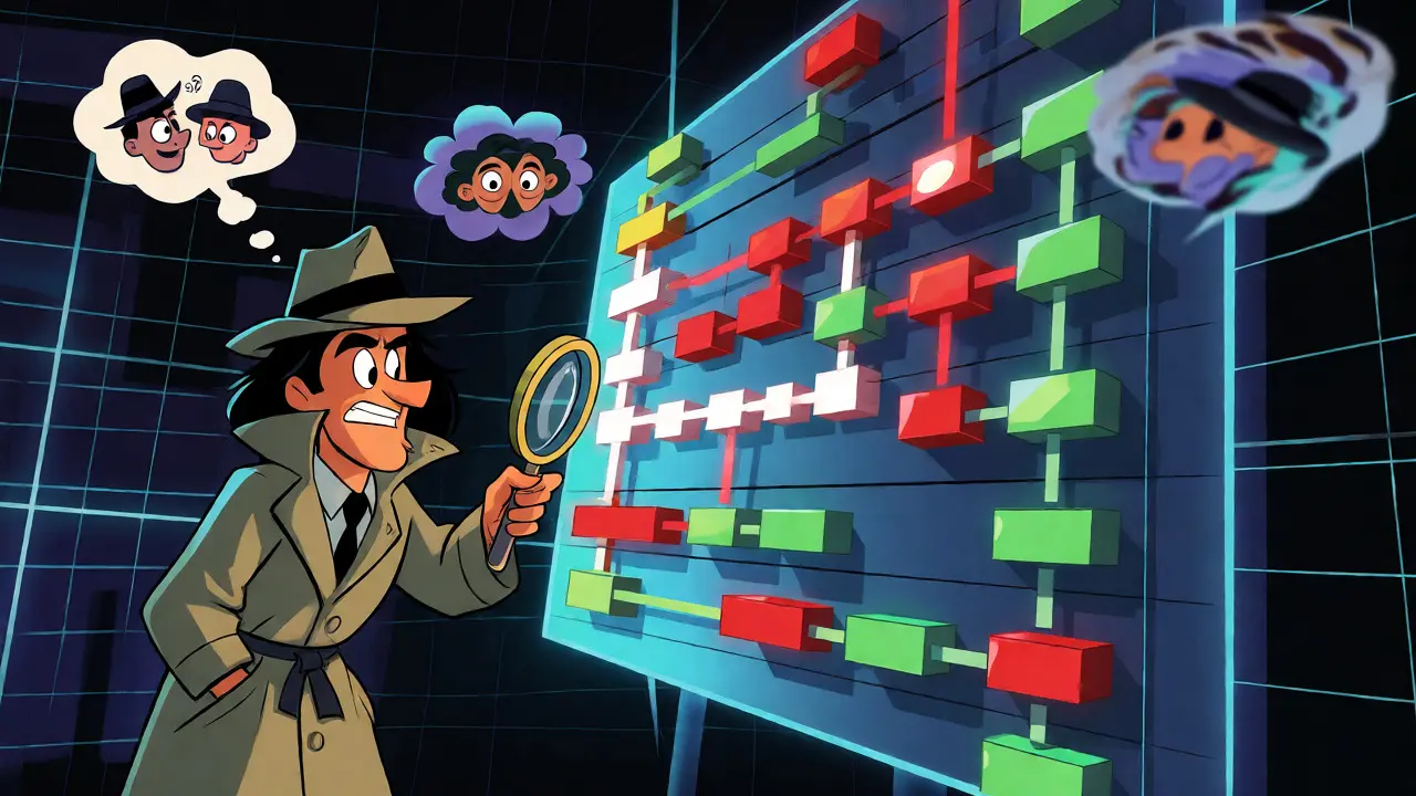 Cartoon detective analyzing a glowing blockchain ledger maze.