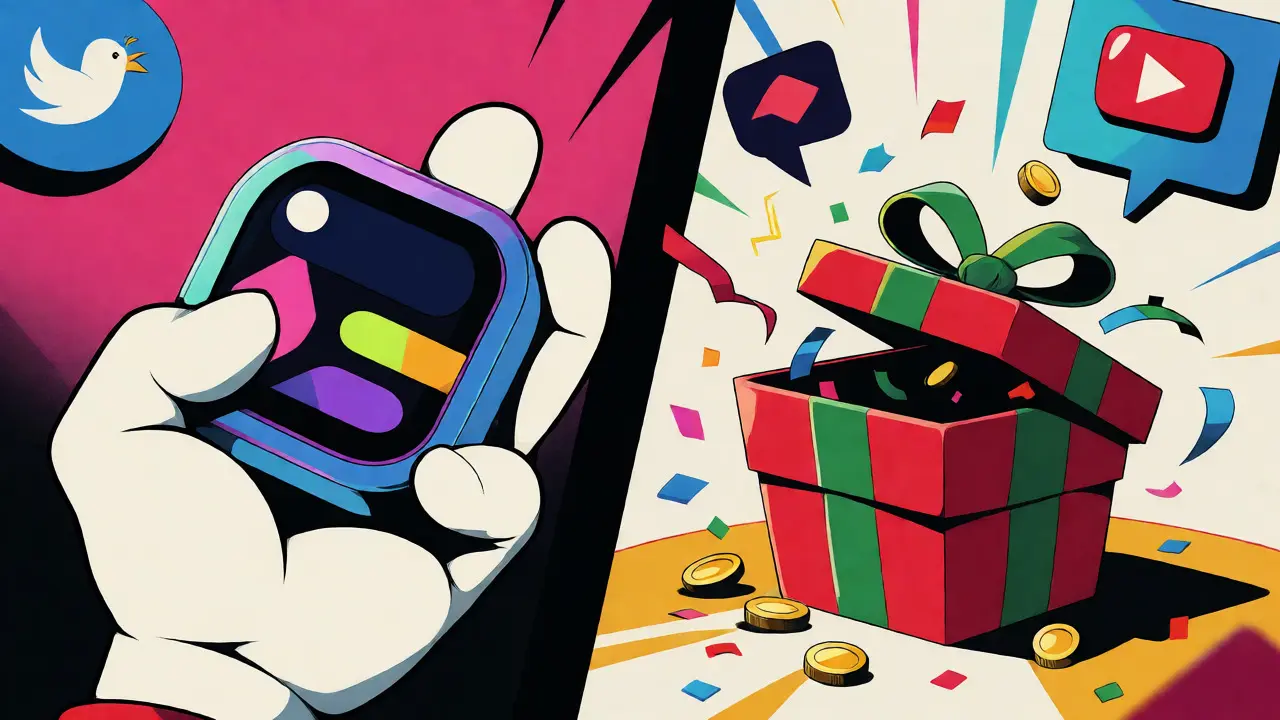 Cartoon hand connecting a Web3 wallet to a bursting Christmas gift box.