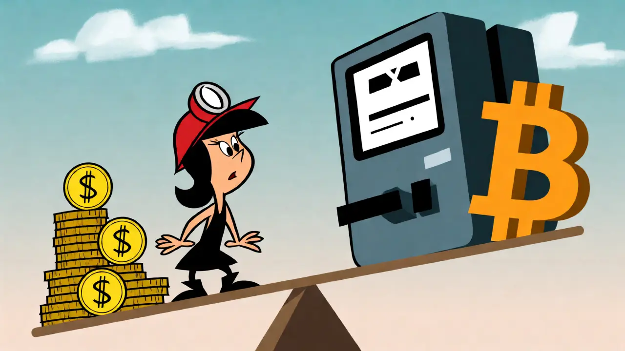 Cartoon miner balancing revenue against high electricity costs