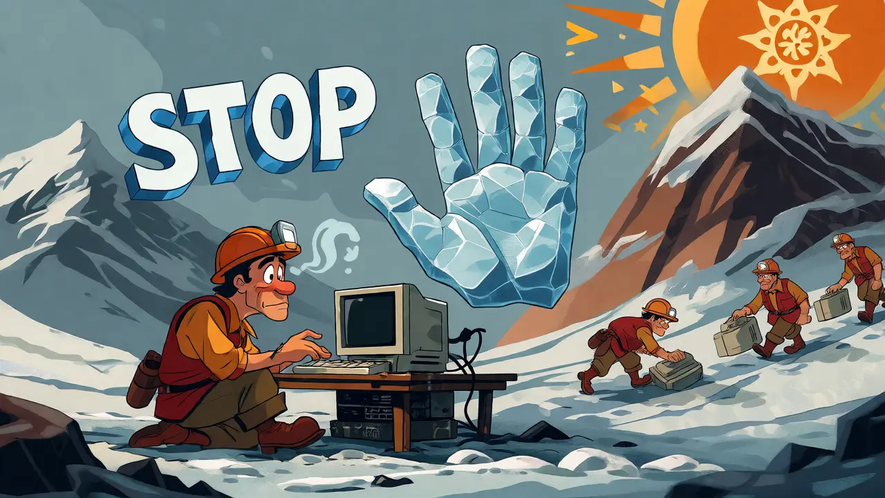Cartoon miner blocked by an ice stop sign in a restricted snowy region.