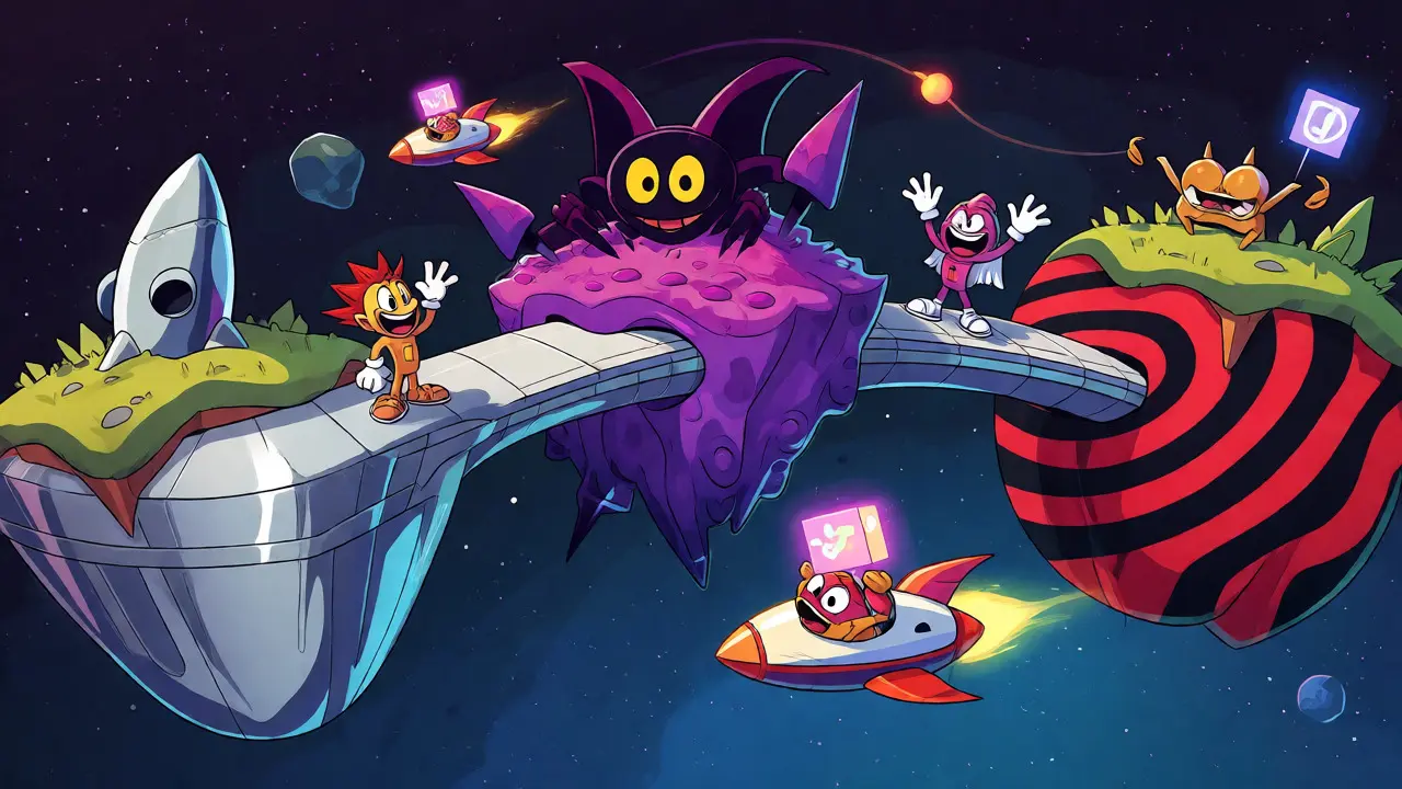Cartoon rockets flying between islands representing cross-chain bridges.