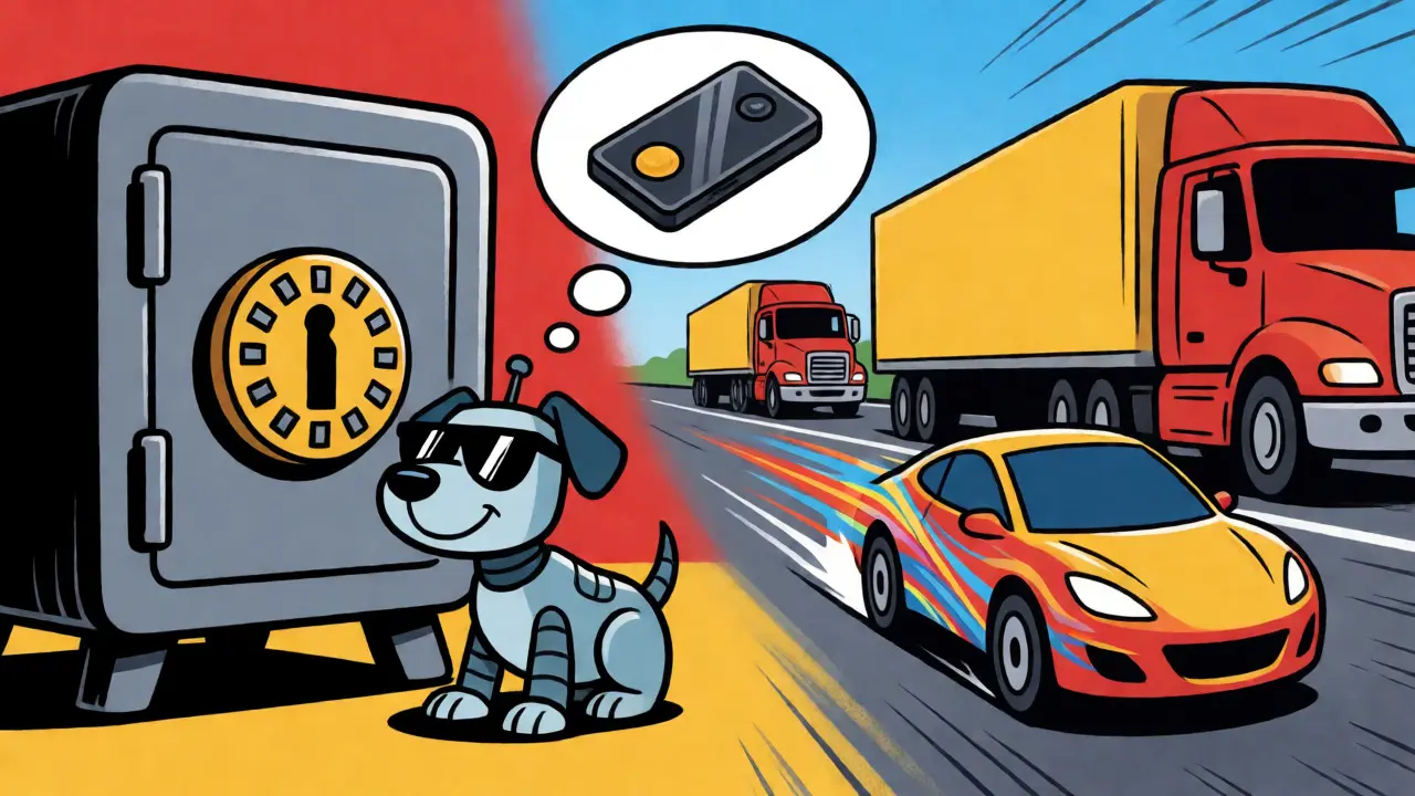 Cartoon showing a secure safe and fast trading cars representing API speed.