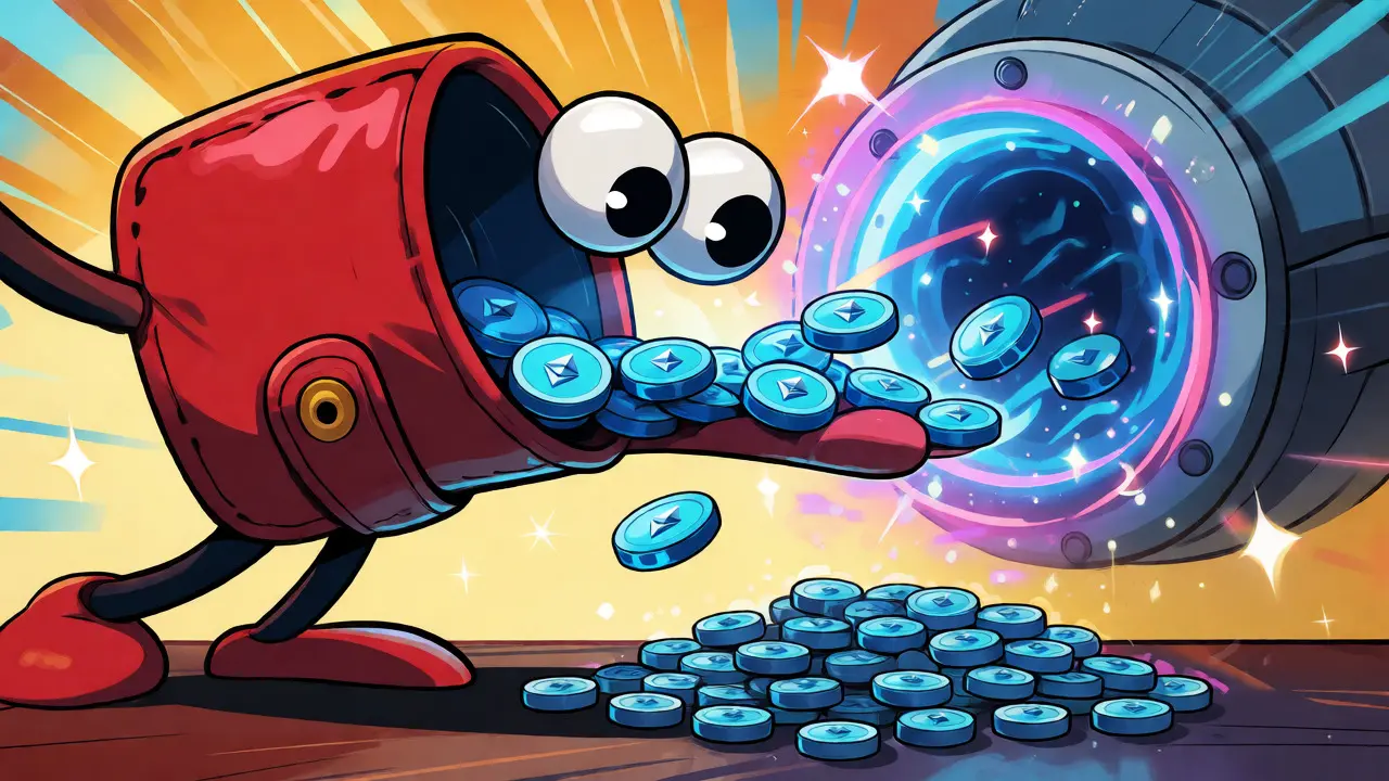 Cartoon wallet pouring Ethereum tokens into a magical swap portal with tiny coin sprites nearby.