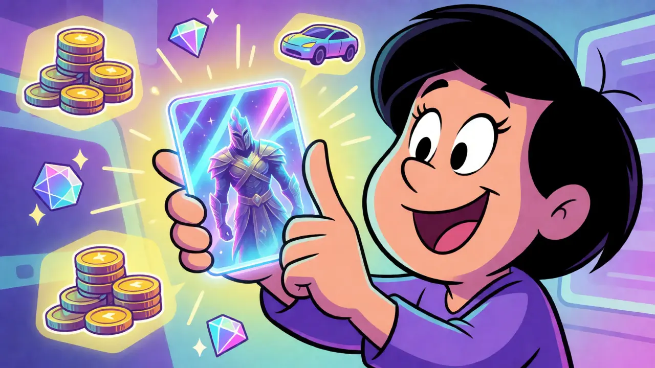 Character revealing a glowing legendary NFT with reward icons