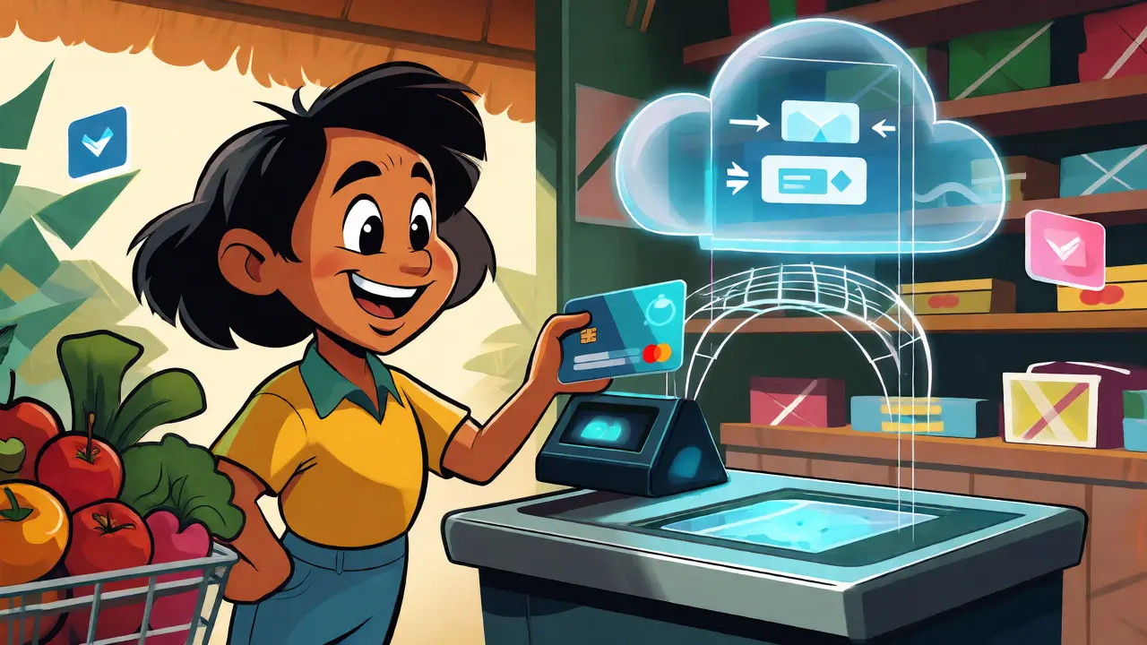 Character using a ZEFI-linked card to pay for groceries seamlessly.