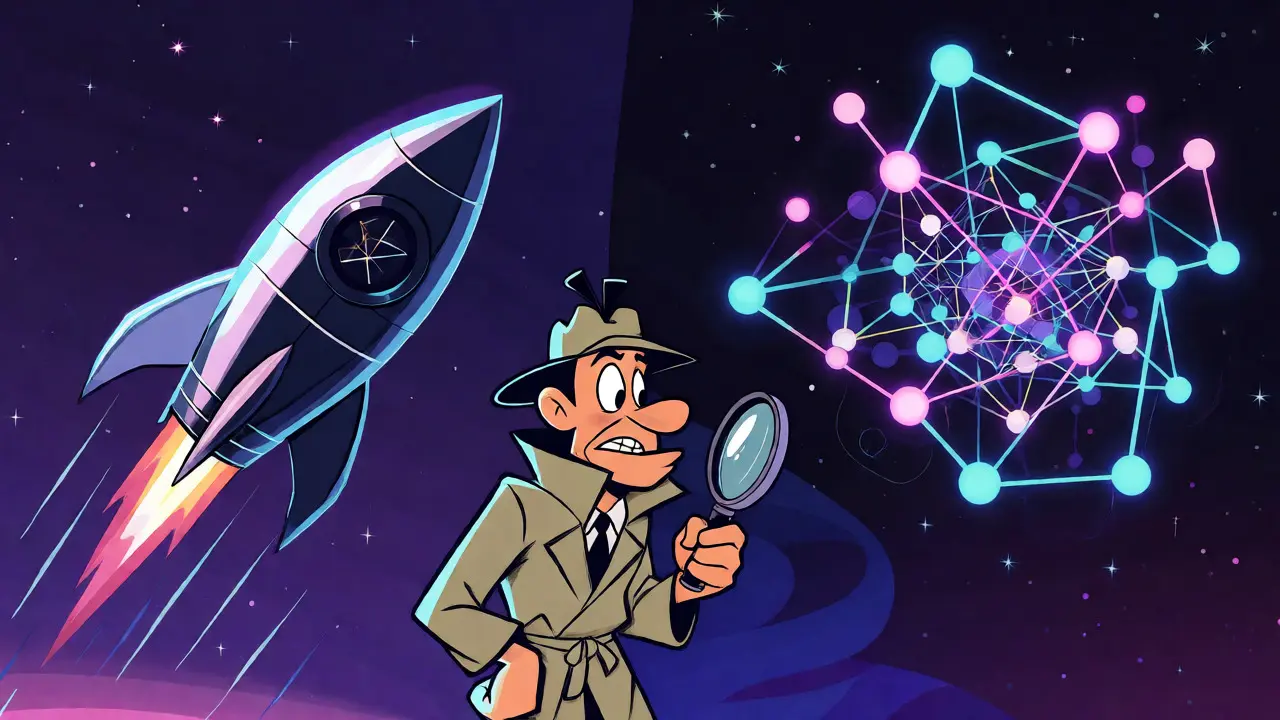 Confused cartoon detective comparing a rocket ship and a node graph structure.