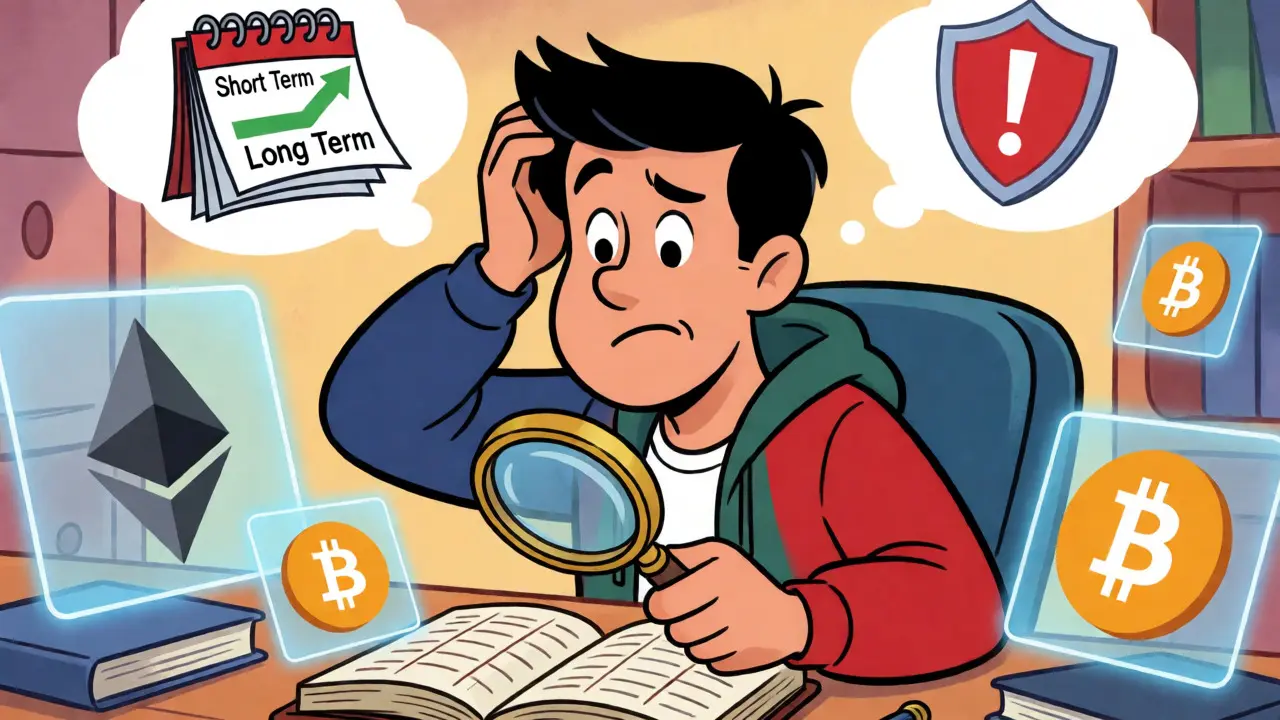 Confused cartoon investor analyzing short-term versus long-term crypto gains.