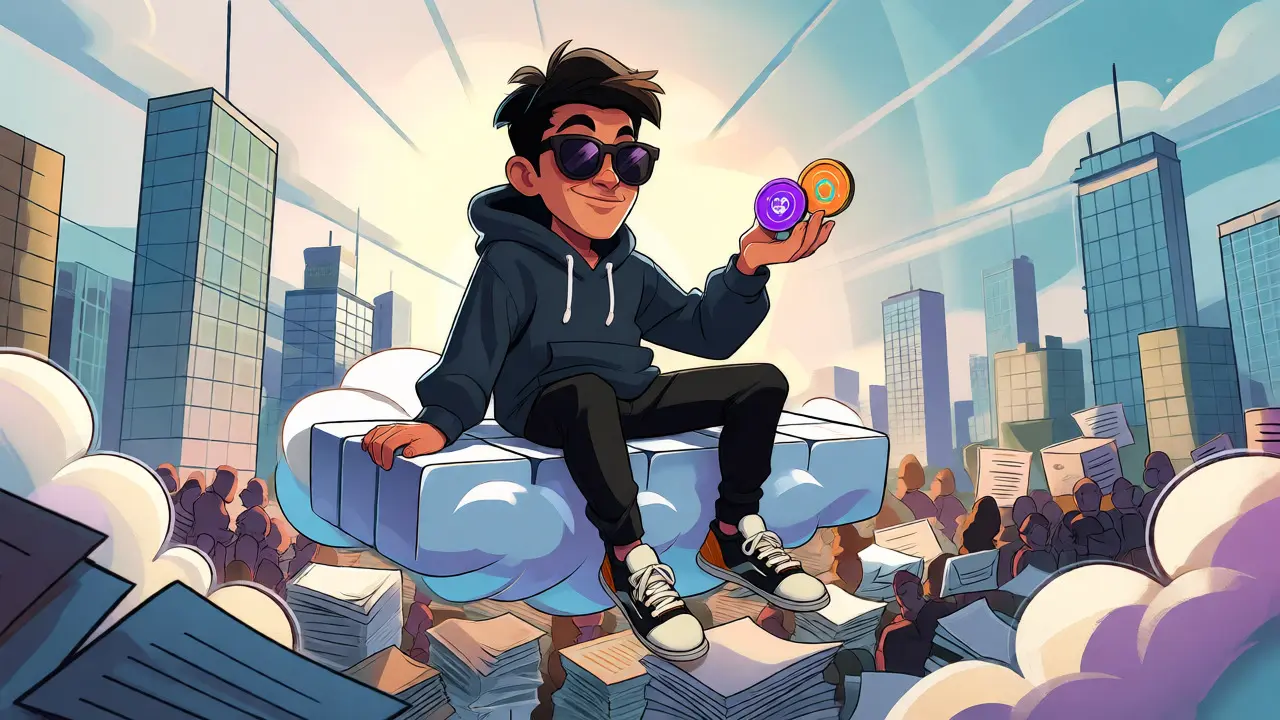 Crypto user relaxing on a blockchain cloud above traditional banking