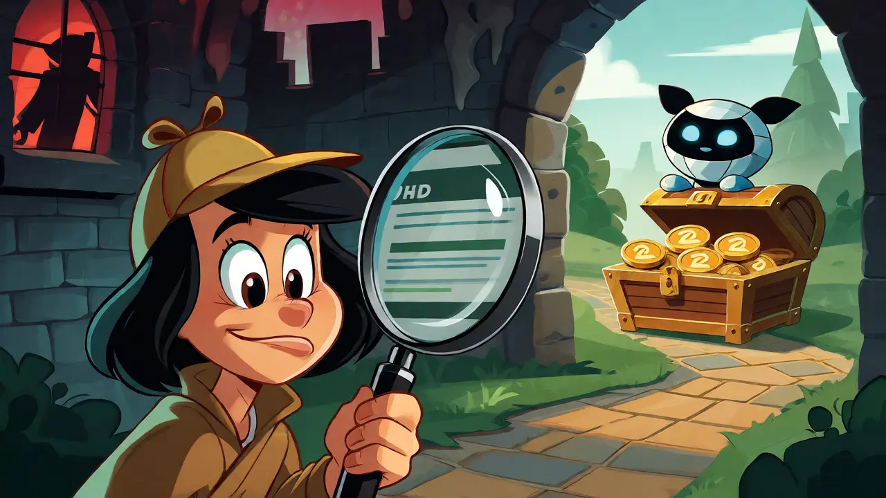 Detective cartoon character inspecting a spooky website versus a safe treasure chest.