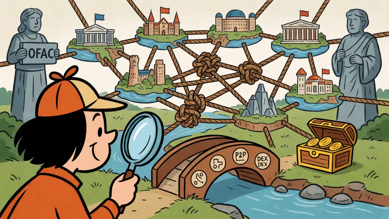 Detective navigating legal webs using P2P bridges to reach crypto