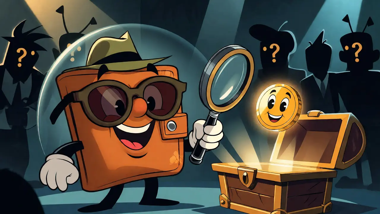 Detective wallet inspecting a safe airdrop claim while avoiding scams