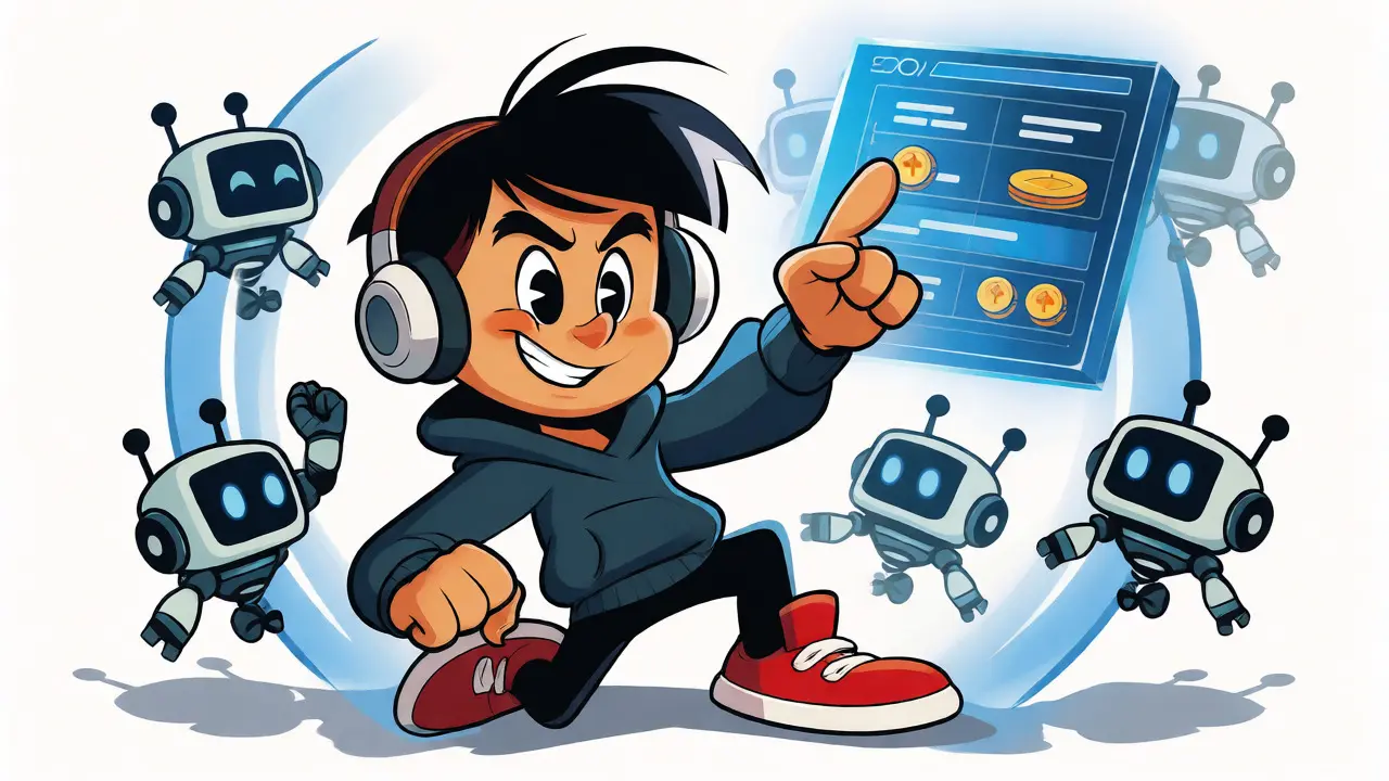 Determined cartoon avatar interacting with blockchain interfaces while blocking bots.