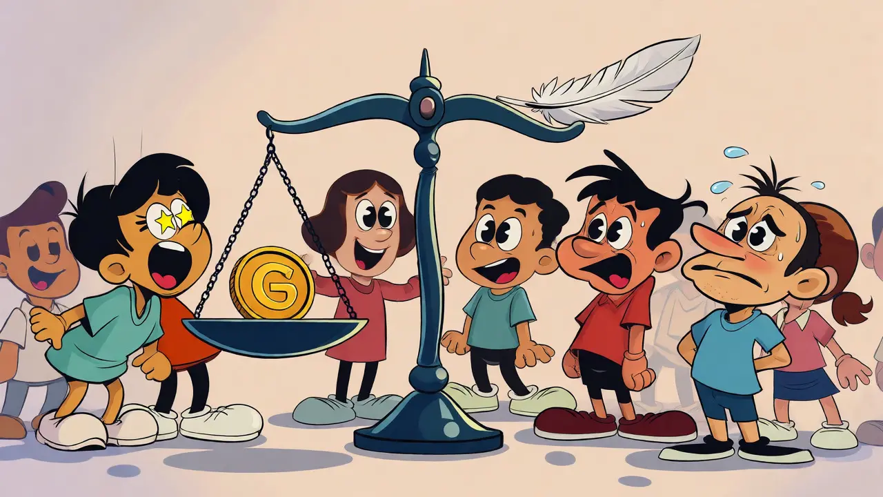 Expressive cartoon characters balancing a coin on a wobbly scale to show market volatility.