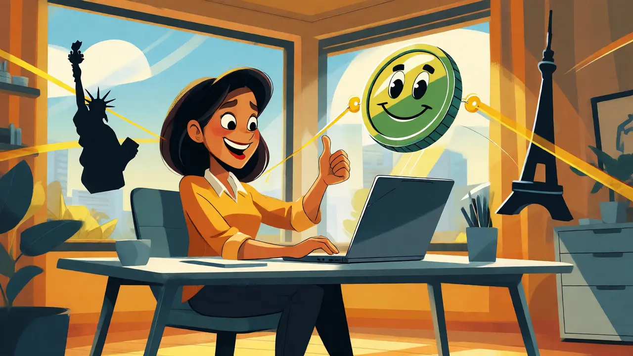 Freelancer receiving instant global payments via stablecoins in cartoon style.