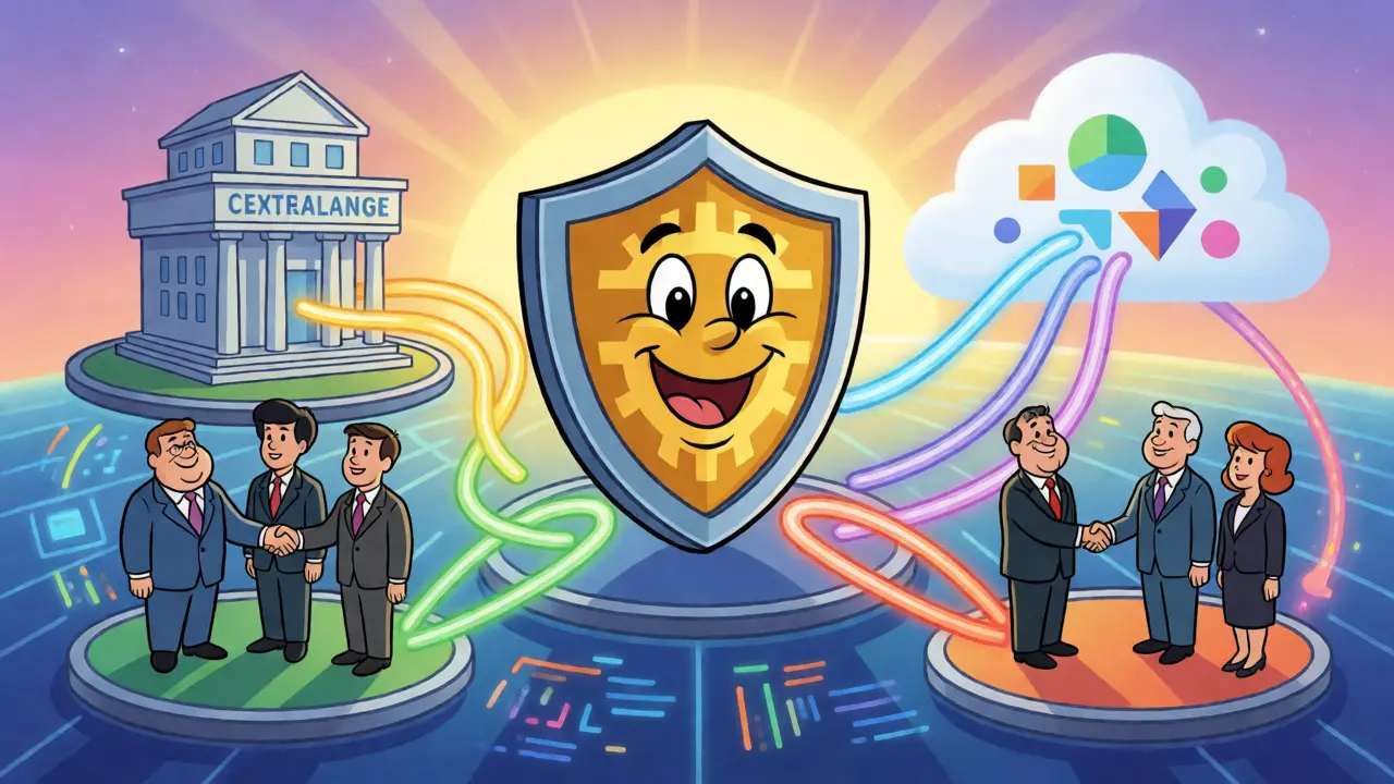 Friendly shield emblem connecting exchanges, DeFi clouds, and investors in a futuristic cartoon style.