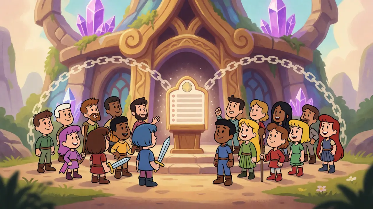 Group of cartoon avatars standing before a magical guild hall