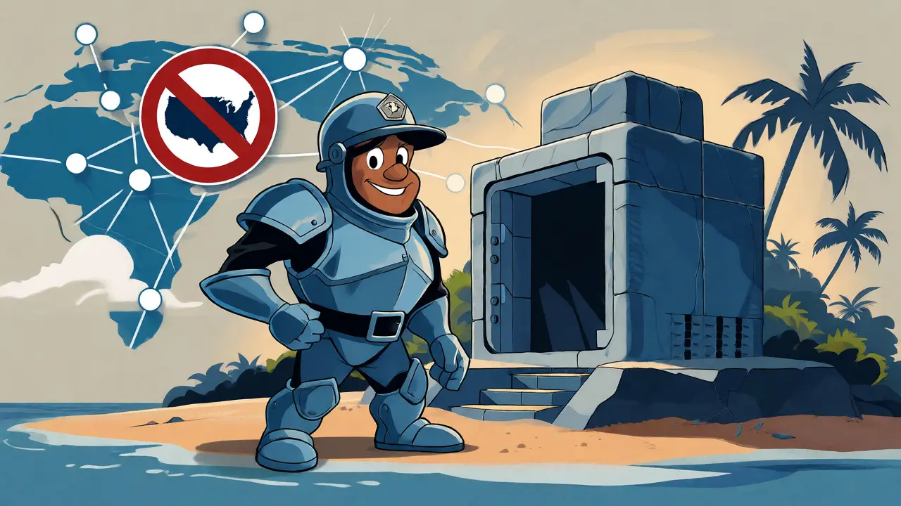 Guard protecting a crypto safe on an island with a US exclusion sign.