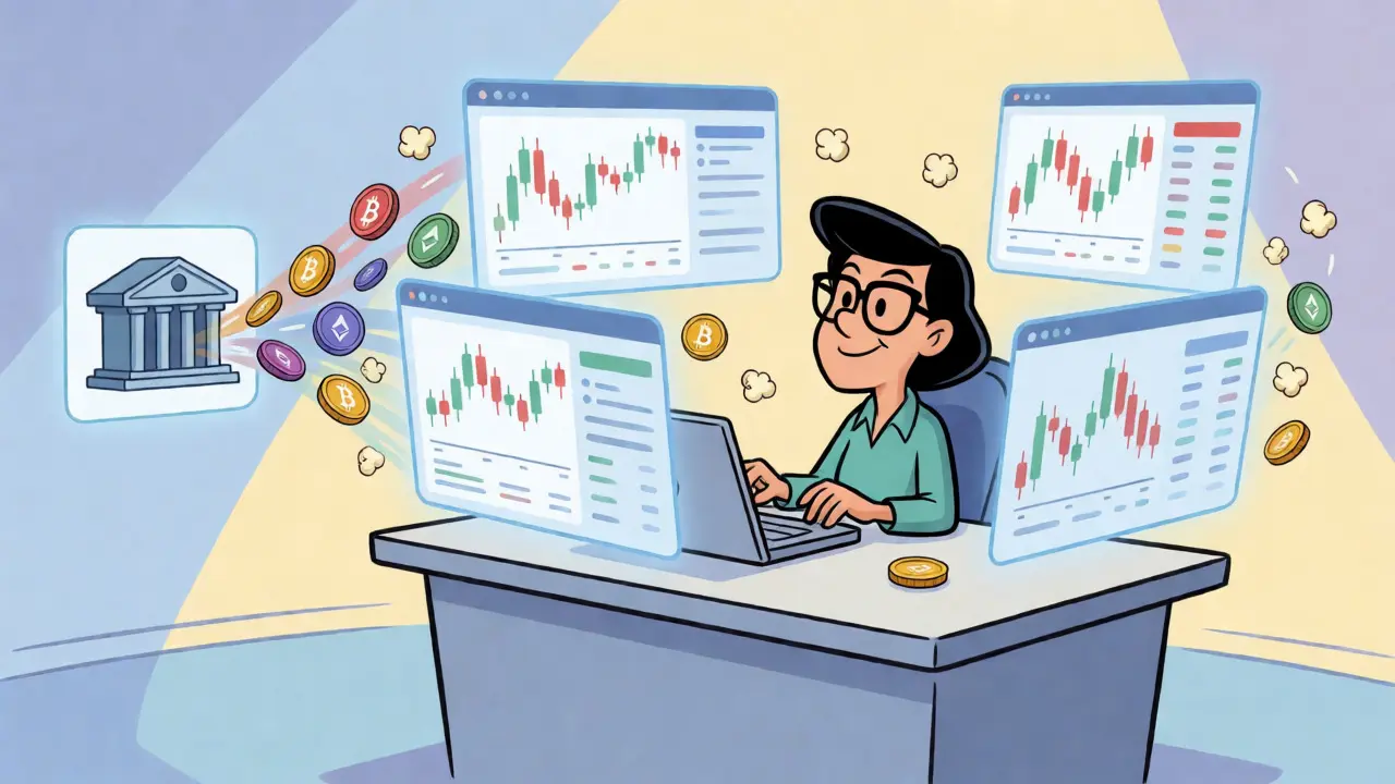 Illustration of a trader using direct crypto transfers on a multi-screen setup.