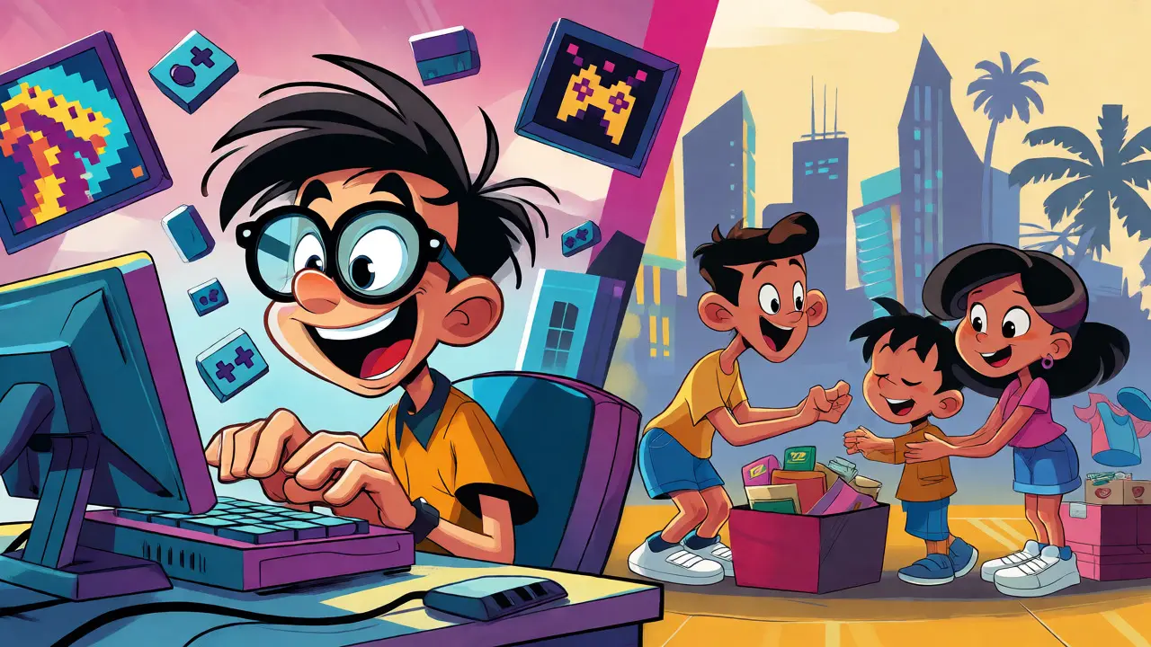 Illustration of developers building games and families using crypto for daily needs