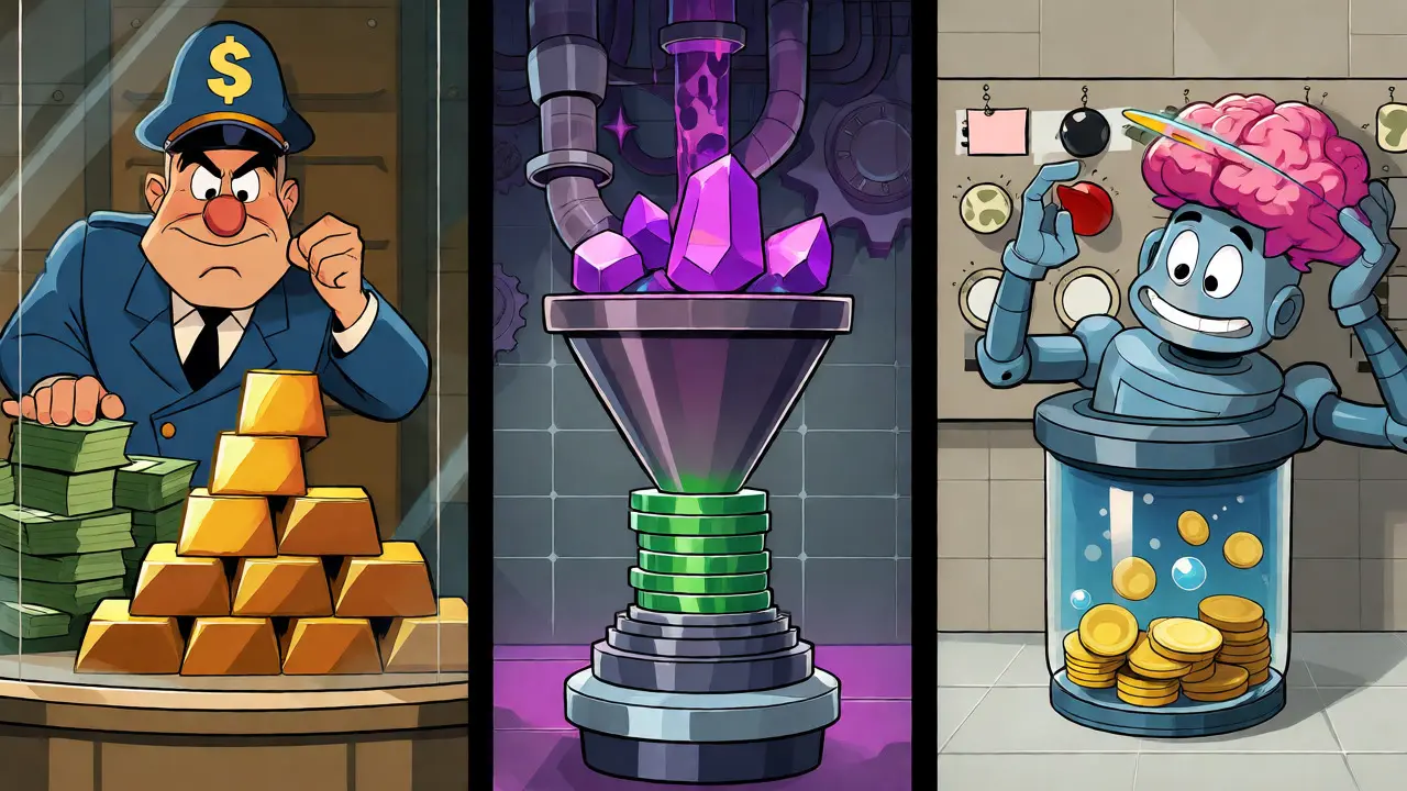 Illustration of fiat, crypto, and algorithmic stablecoin mechanisms in cartoon style.