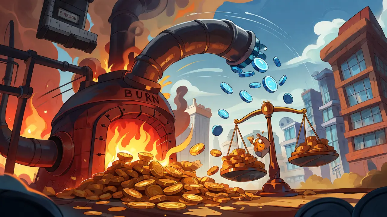Illustration of ZEFI tokens being burned in a furnace to reduce supply.