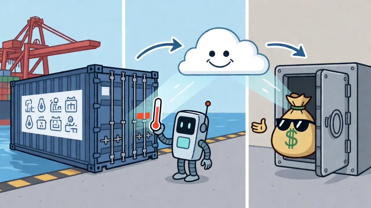 IoT sensor triggers automatic insurance payment via oracle in a cartoon supply chain scene.