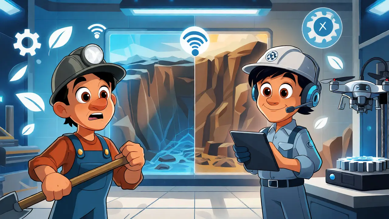 Miner transforming into a tech supervisor with drones and 3D printing in cartoon style.