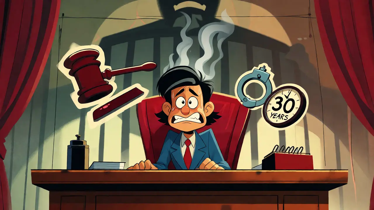 Nervous executive surrounded by legal charge icons and prison shadow.