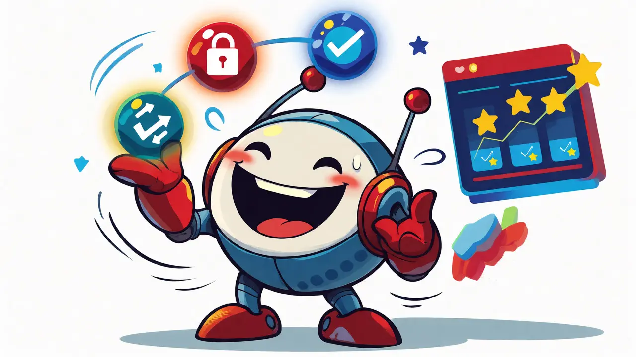 Robot character juggling staking, trading, and voting icons for points