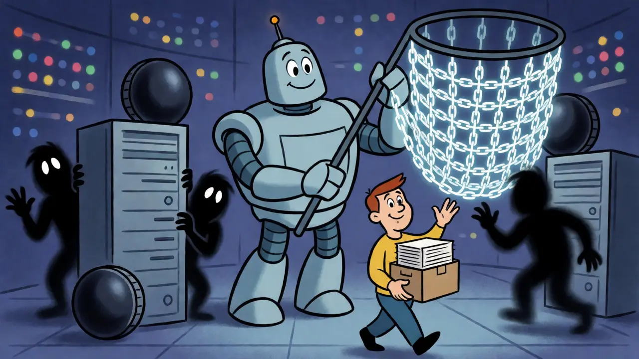Robotic tax auditor catching hidden crypto transactions with a digital net.