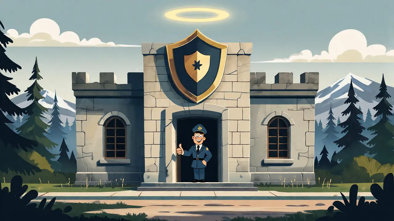 Secure cartoon bank building in Estonia with a shield emblem and friendly guard.