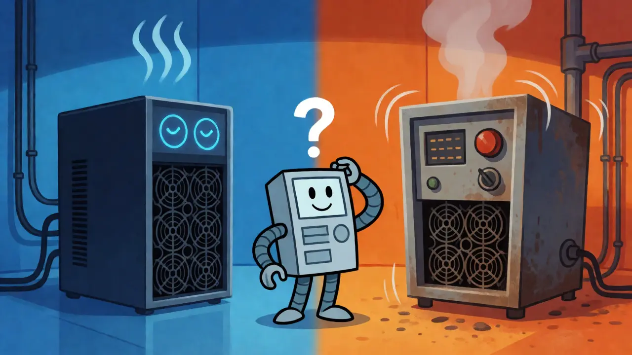 Split-screen cartoon comparing efficient vs overheating miners
