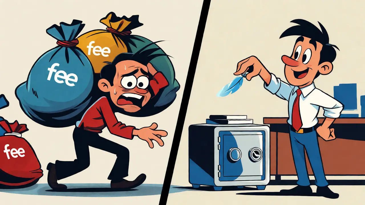 Split-screen cartoon comparing heavy fee burdens with light, low-cost transactions.