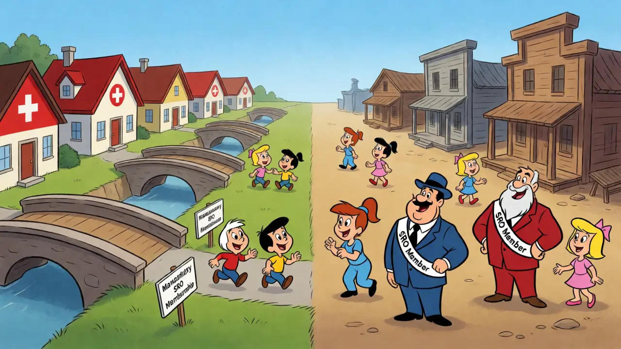 Split-screen cartoon comparing orderly Swiss mandatory rules vs. chaotic US voluntary participation.