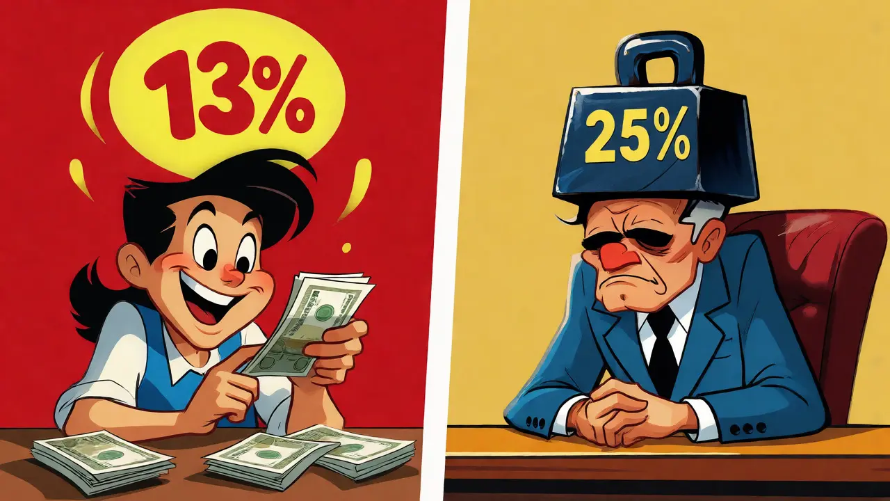Split screen showing happy individual taxpayer versus burdened corporate entity.