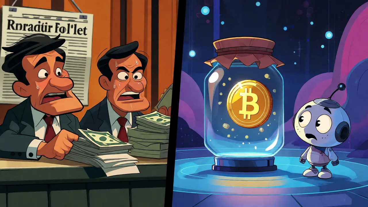 Split screen showing stressed bankers versus a sealed golden Bitcoin in a jar.