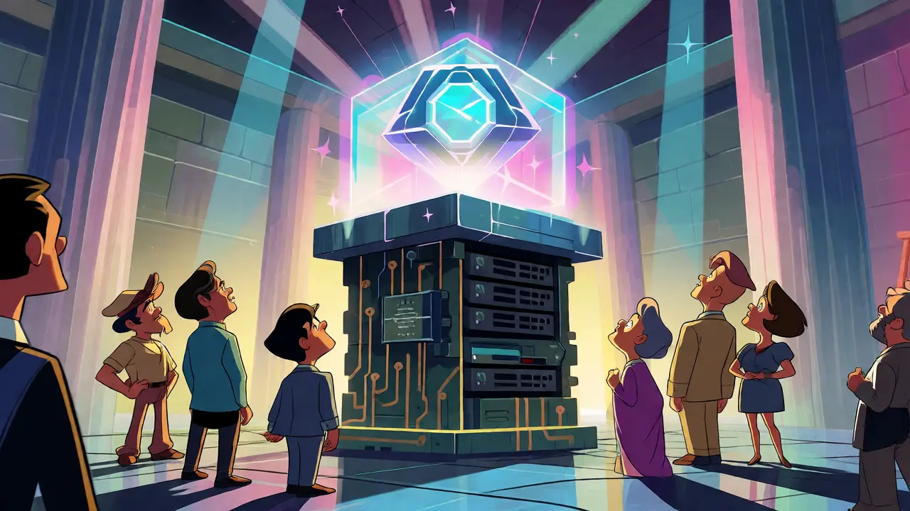 Stylized characters admiring a glowing Genesis Block monument in a digital museum.