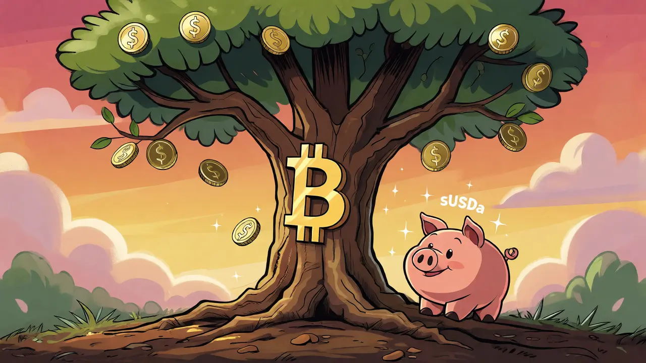 Whimsical tree with dollar-leaf branches growing from a Bitcoin trunk base.