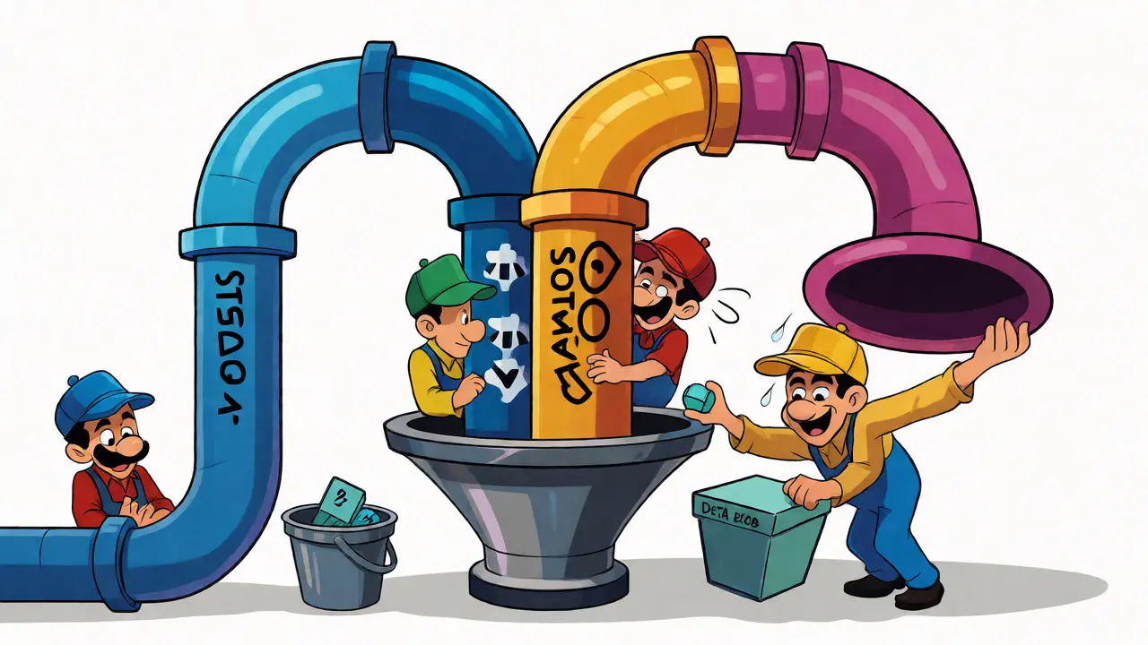 Workers sorting transactions into separate CPU, storage, and bandwidth pipes.